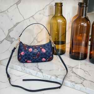 Coach Navy Signature Cherry Print Mini Shoulder Bag
